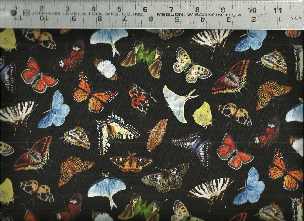 Elizabeth Studio ~ Butterflies Moths on Black 2 ~ 100% Cotton Quilt Fabric BTY