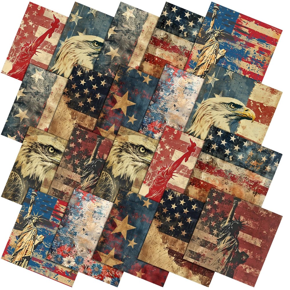 10 Pcs Vintage Patriotic Fabric Bundles 20 x 20 Inch Red Blue White 4th of Ju…