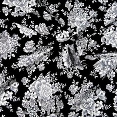 Gray, Black & White Rose Bouquets on Black, Henry Glass Cotton, BTHY or BTY
