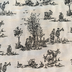 VTG French Country Toile Fabric Black Beige Pastoral Colonial Farmstead 2.5 yd
