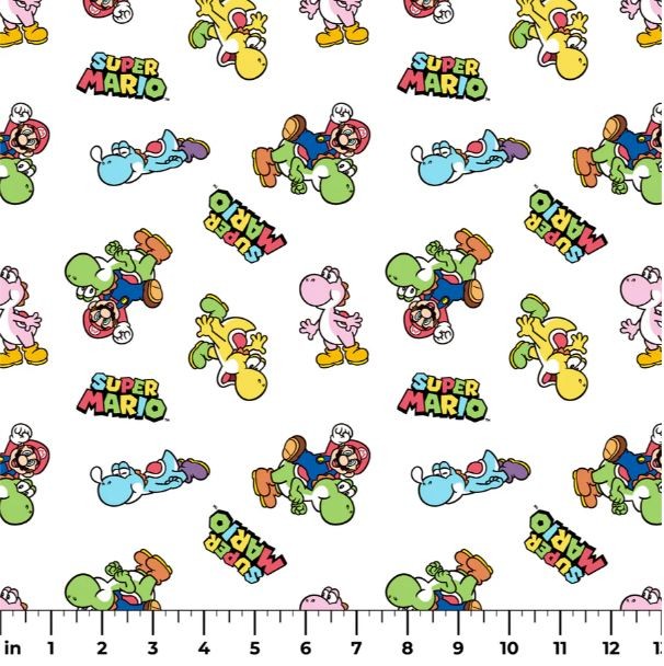 Cotton Mario and Yoshi Super Mario Bros. Toss White Fabric Print by Yard D601.11