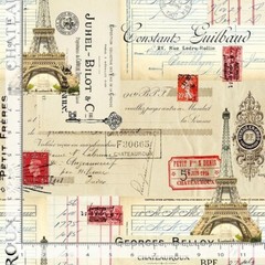 Cotton Paris Postcard Stamps France French Beige Fabric Print by Yard D582.95