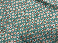 Vtg Calico Tiny White/Yellow/Orange Flowers On Green Fabric 1 Yard X 44in