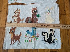 Vintage Hand-Painted Woodland Animal Fabric Panels (2) 19×22 Squirrel Raccoon