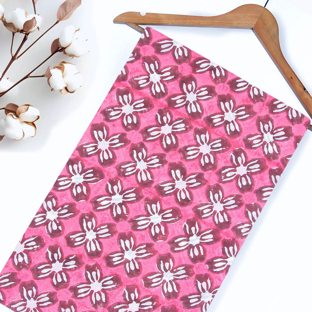Pink Floral Hand Block Print Fabric 2.5 Yard 100% Cotton Boho Sewing Material