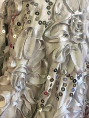 Allie SILVER 3D Floral Polyester Satin Rosette with Sequins Fabric by the Yard