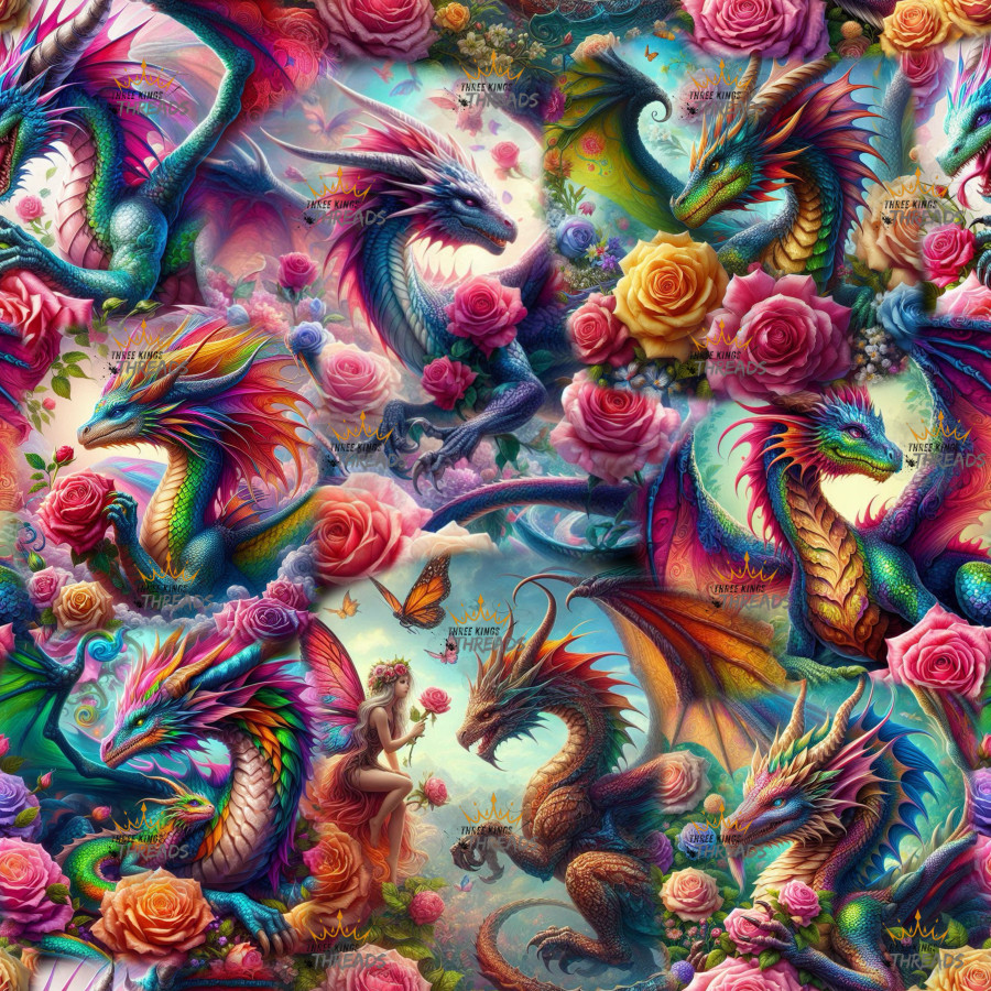 Dragon Roses Color Flowers Custom Print 1 Yard Fabric Seamless Design Appr 59×36