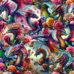 Dragon Roses Color Flowers Custom Print 1 Yard Fabric Seamless Design Appr 59×36