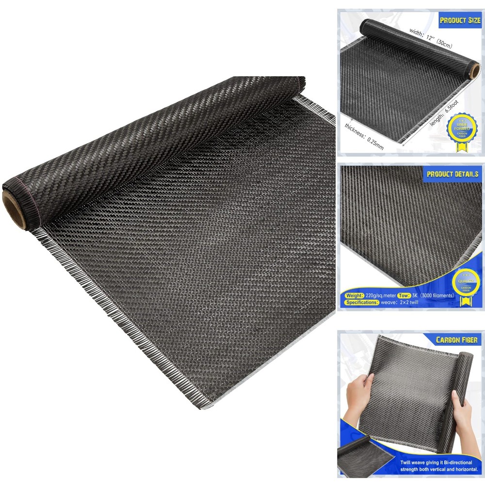 6.5ft x 12″ Carbon Fiber Fabric Roll 3k 220g 2×2 Twill Weave Cloth Reinforcement