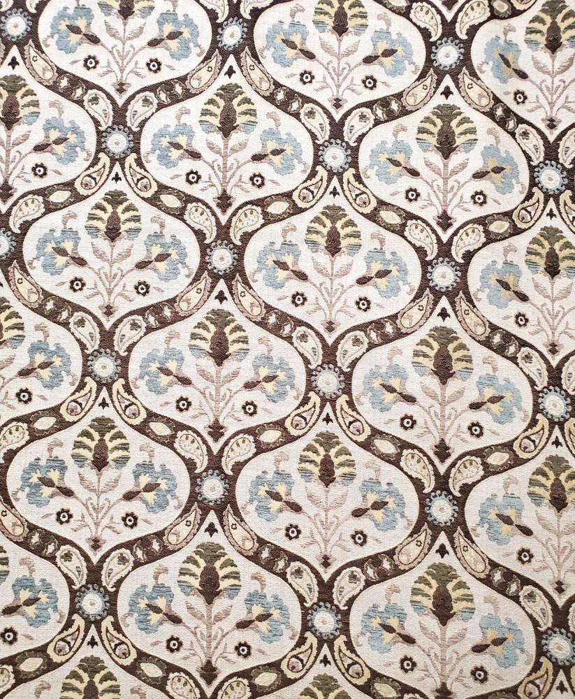3 YARDS Luxury Upholstery Woven Jacquard Fabric Blue Tan Mediterranean Ogee