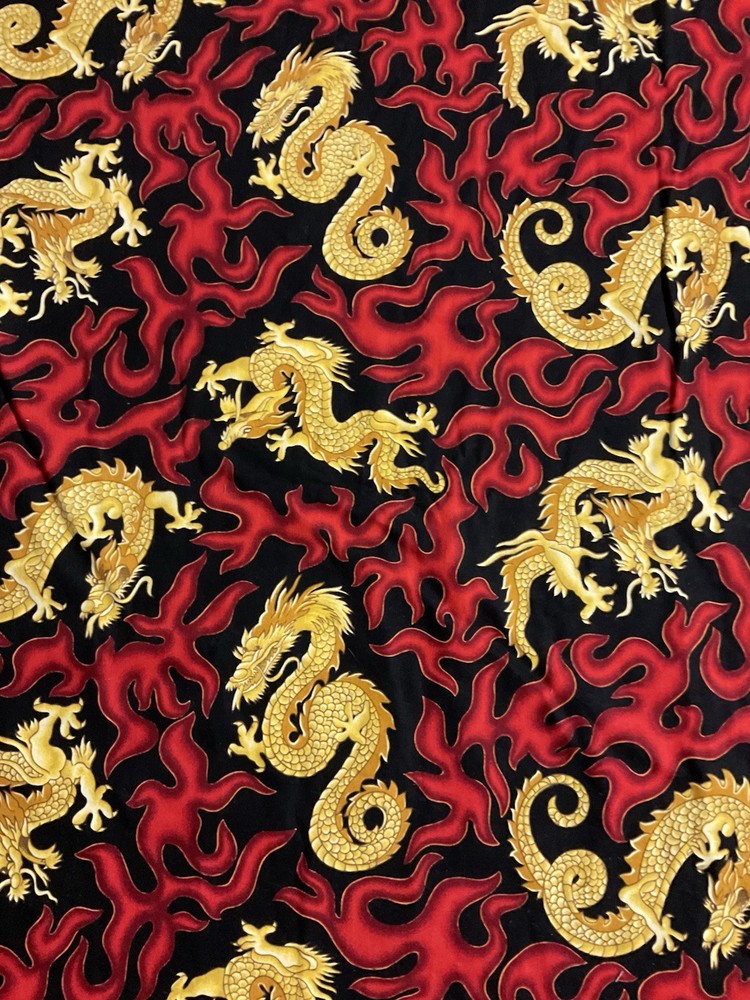 CHINESE DRAGON GOLDEN DRAGON FLAMES BLACK COTTON FABRIC FQ
