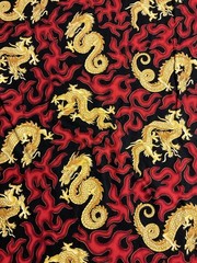 CHINESE DRAGON GOLDEN DRAGON FLAMES BLACK COTTON FABRIC FQ