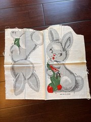 vintage 1960s “sew and stuff” fabric panel kitschy Christmas bunny pillow