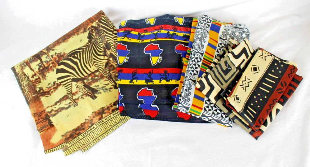 African Wax Print, Elephant, Map & Zebra Lot of 7 Remnants Mix Lot Cotton Fabric