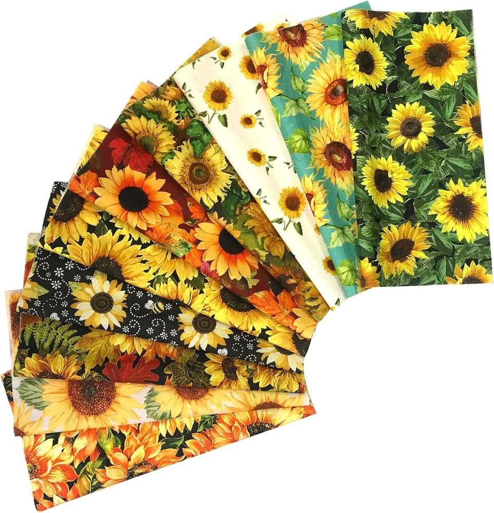 Quilting Fabric 100% Cotton, Fat Quarters, Patchwork, DIY, 10pc Sunflower