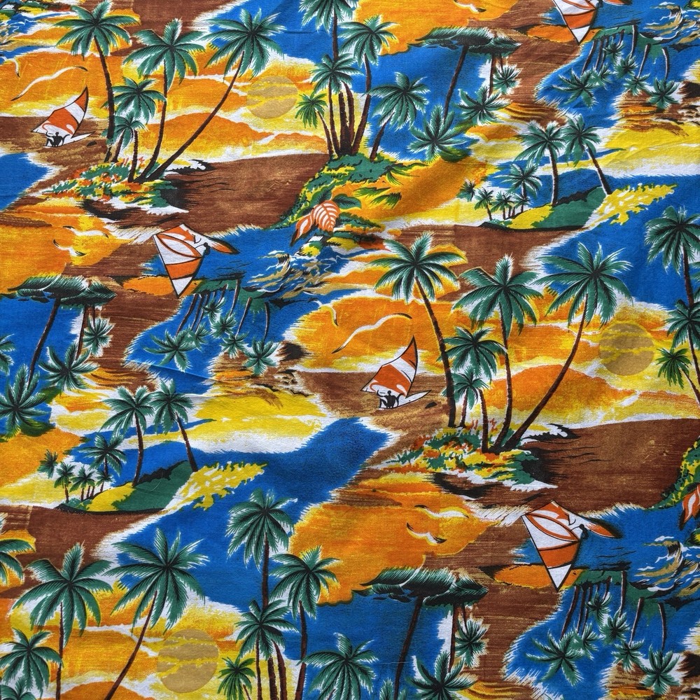 Vtg Hawaiian Tropical Novelty Fabric Palm Boats Island Tiki Cotton Vibrant 4+ YD