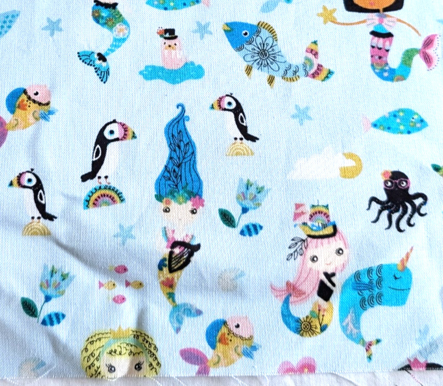 Hobby Lobby Cotton Fabric Mermaid Dolphin Unicorn on Light Blue 45″W x 1⅓ Yds