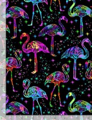 Animal Fabric – Rainbow Flamingo Outlines on Black – Timeless Treasures YARD