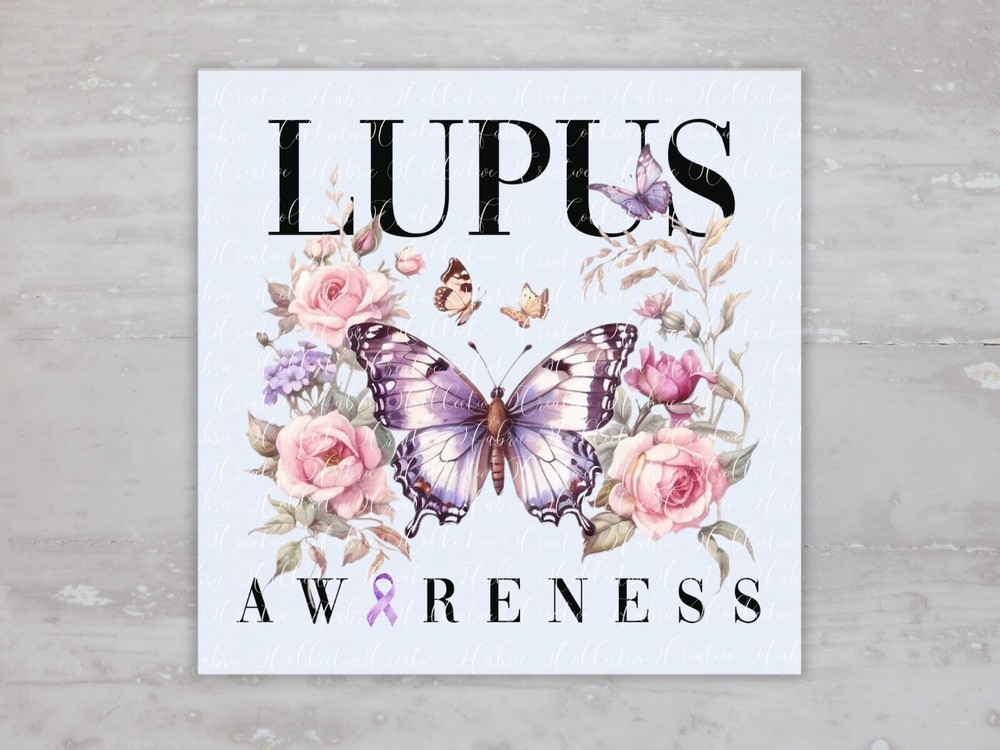 Lupus Awareness Purple Butterfly Roses Fabric Panel Sewing Quilting Block A161