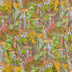 Mushrooms Botanical Garden Snail Poly Cotton Broadcloth Fabric 58″ By The Yard