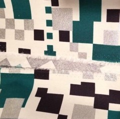Geometric Squares in Green, Black, Silver on Cotton/Linen Duck Cloth from Japan