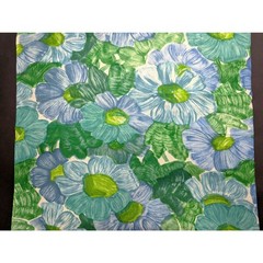 Vintage 60s Flower Print Fabric Green Blue Brushstroke Floral Large Print 4.9 Yd