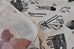 By 1/2 Yd, Vintage, Old-Fashion Hardware Store Ads on Tan Cotton, Carpin, P4303