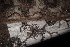 BROWN CORDED NET LACE FABRIC REMNANT, 137 cm wide x .71cm long,