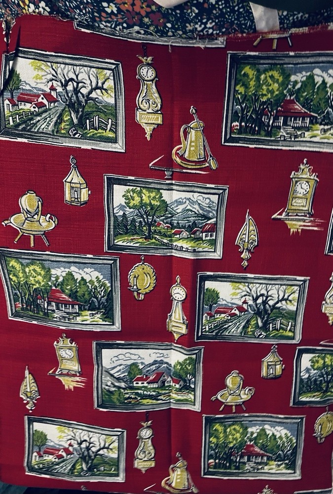 VTG `40-50`s BARKCLOTH Landscape Paintings and Colonial Decor on Red 34″x25½”