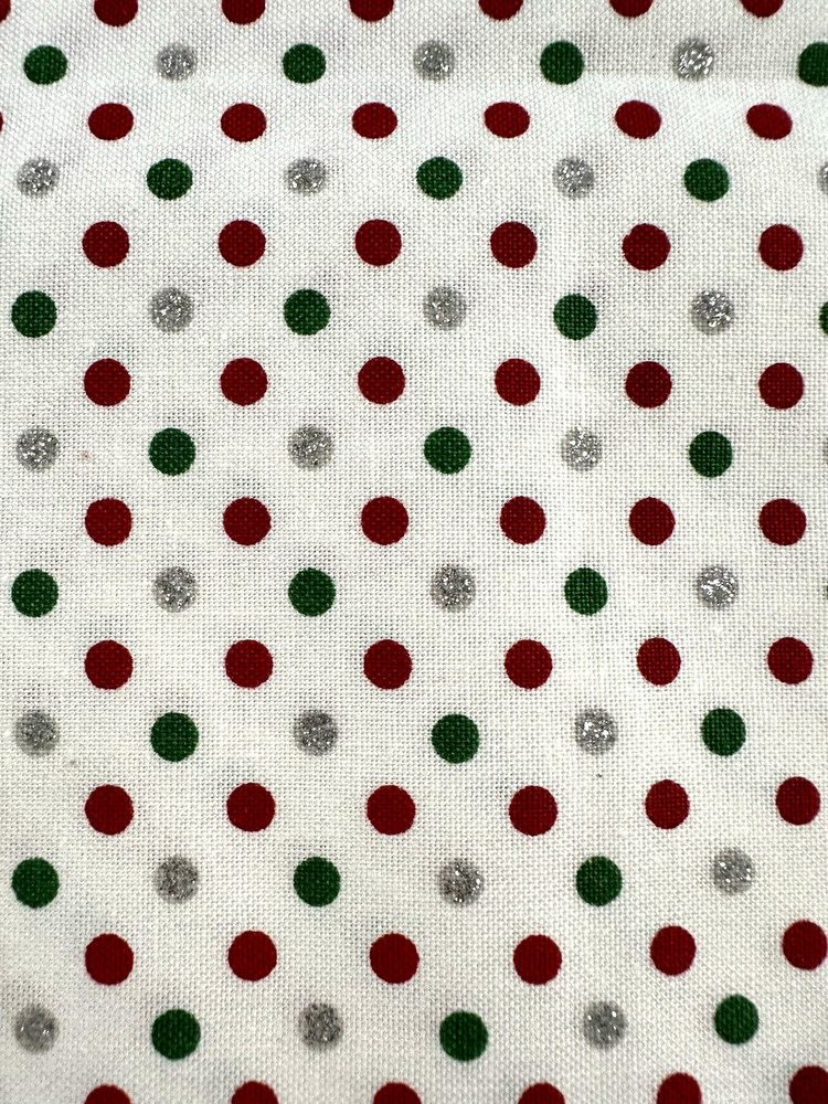 Holiday Cotton Fabric Red, Green & Silver Dots On White HALF YARD
