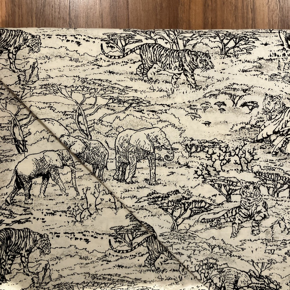 Classic Cottons Tigers Elephants Toile Black White Print Cotton Fabric 4 Yards
