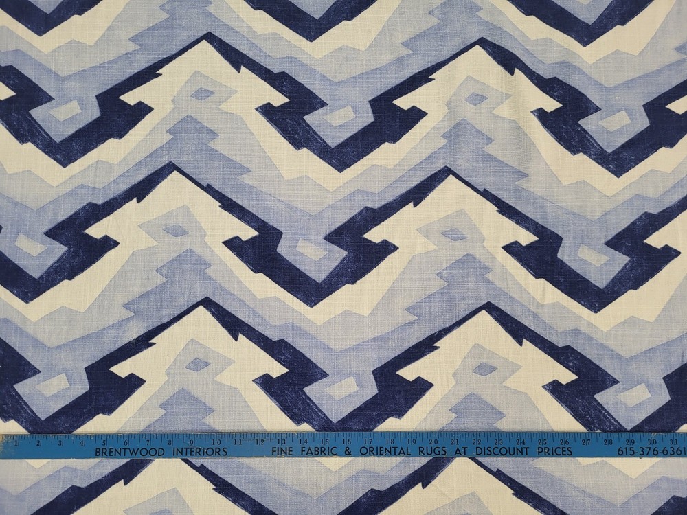 Thibaut DECO MOUNTAIN BLUE Navy White Linen Designer Drapery Uph Print Fabric