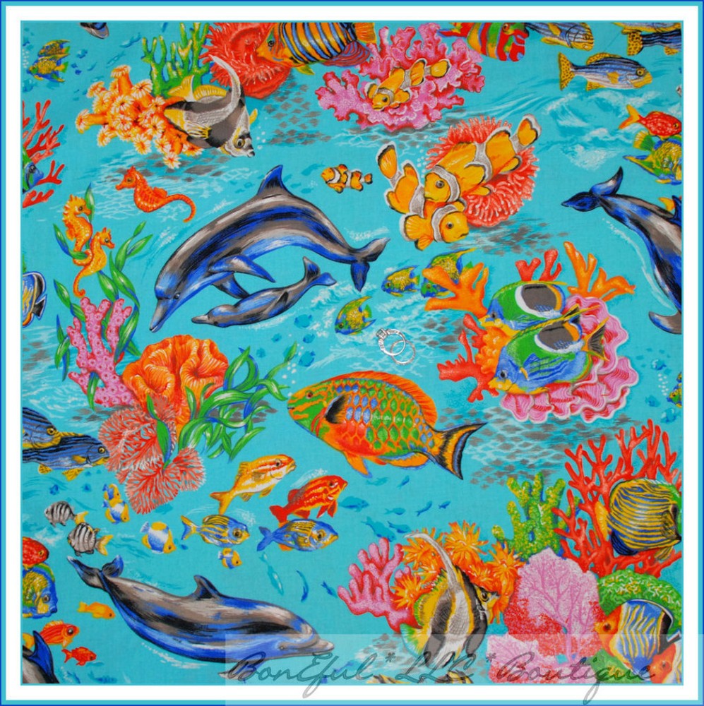 BonEful Fabric FQ Cotton Quilt Blue Aqua Clown FISH Dolphin Whale Rainbow Sea US