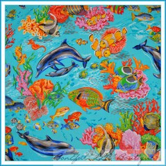 BonEful Fabric FQ Cotton Quilt Blue Aqua Clown FISH Dolphin Whale Rainbow Sea US