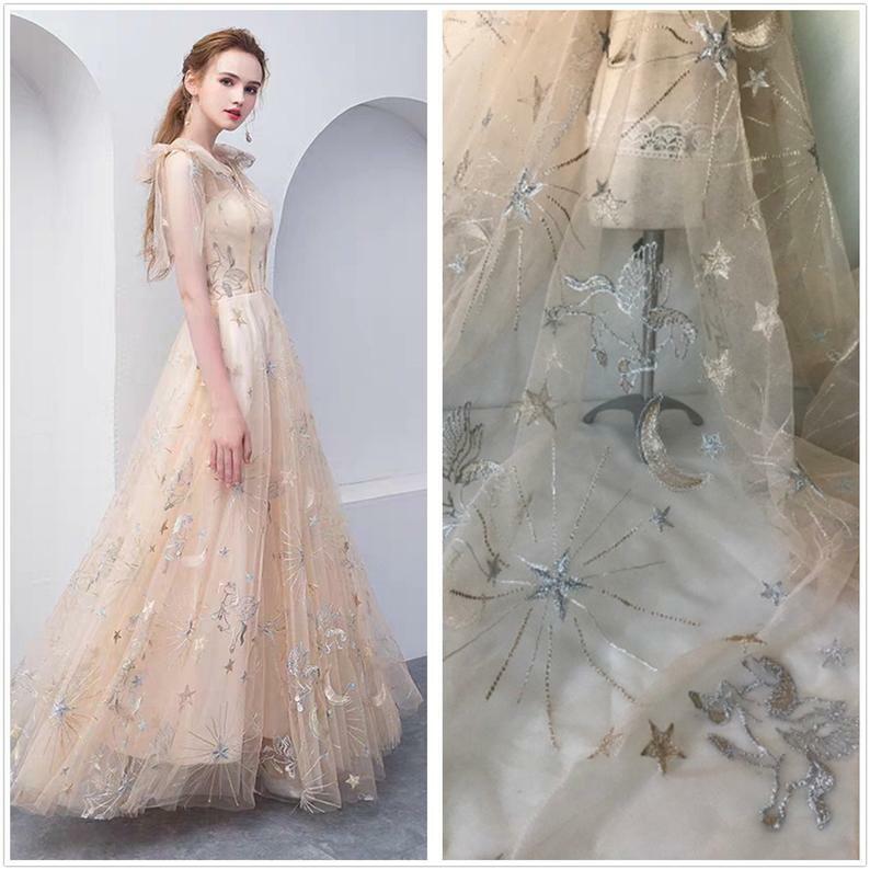 Tulle Embroidery Mesh Star Moon Fabric Sheer DIY Tutu Skirt Wedding Dress Cloth