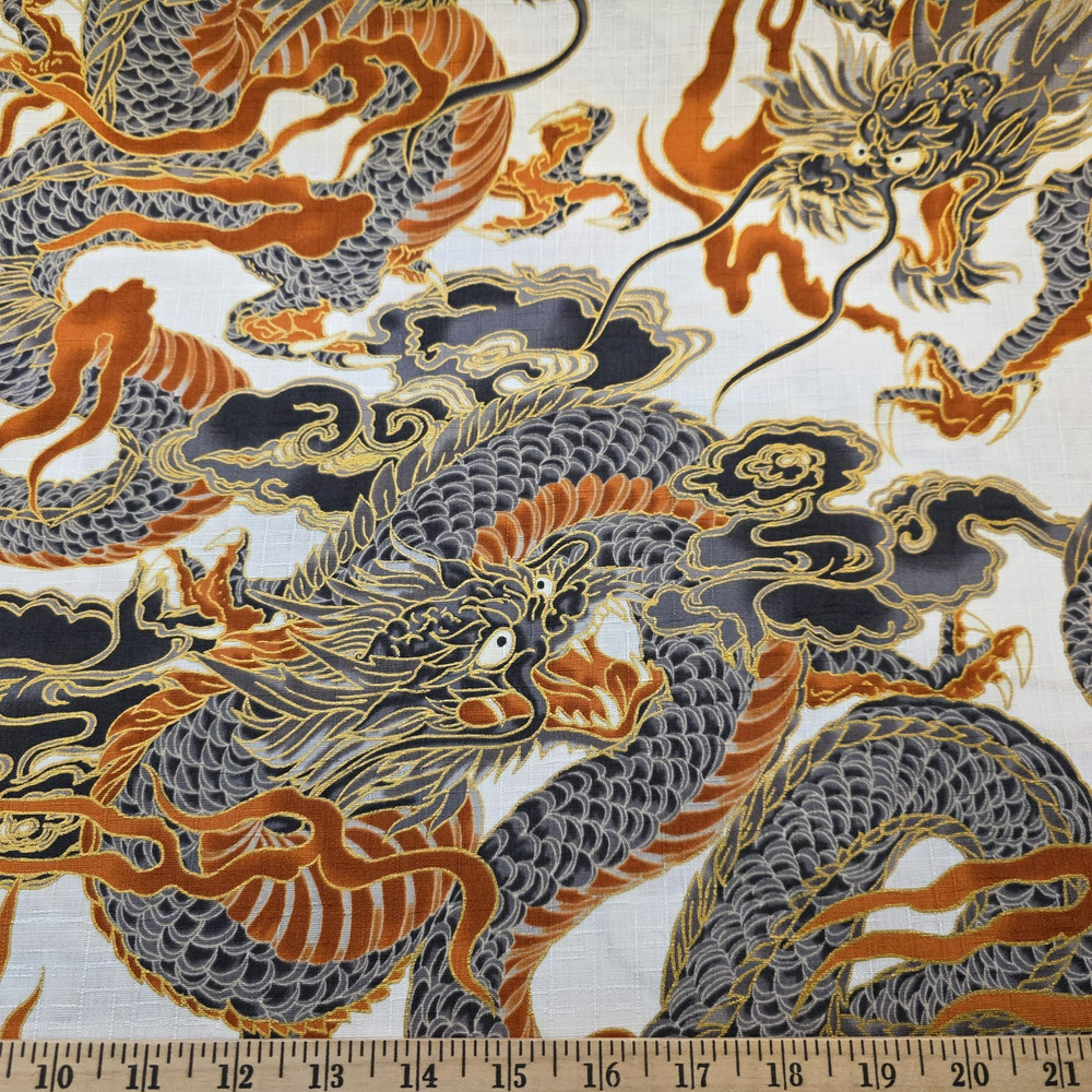 Gray & Rust Dragons & Clouds on White Japanese Cotton Dobby w/ Gold Metallic