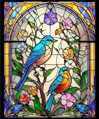 Sunlit Birds Stained Glass Bluebird Large Bird 36×44 Cotton Fabric Panel