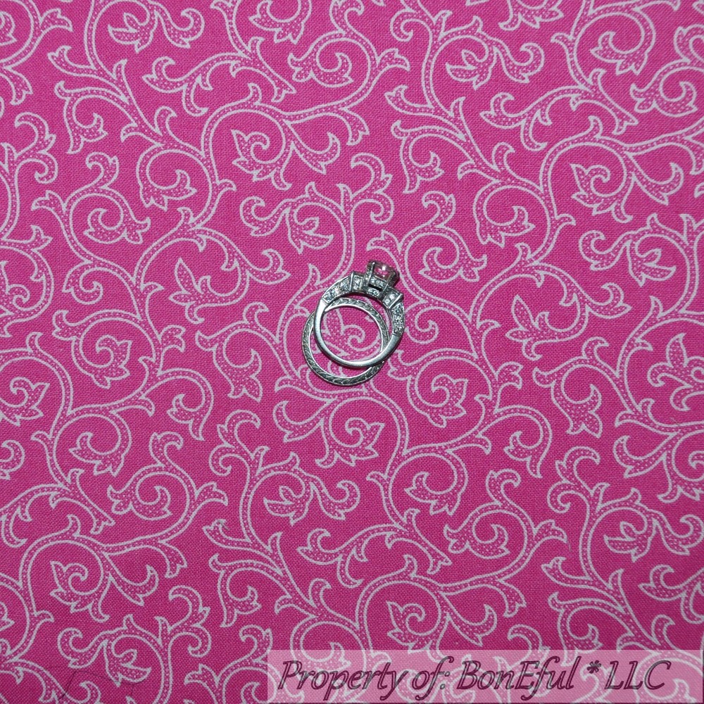 BonEful FABRIC FQ Cotton Quilt VTG Pink White Scroll Swirl Small Swiss Dot Leaf
