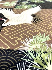 Japanese fabric cranes birds art deco black brown gold heron stork asian chinese