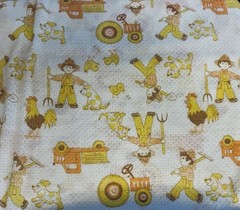 VTG `70`s Novelty Juvenile Farm Print Waffle Single Knit on White 62″x16″