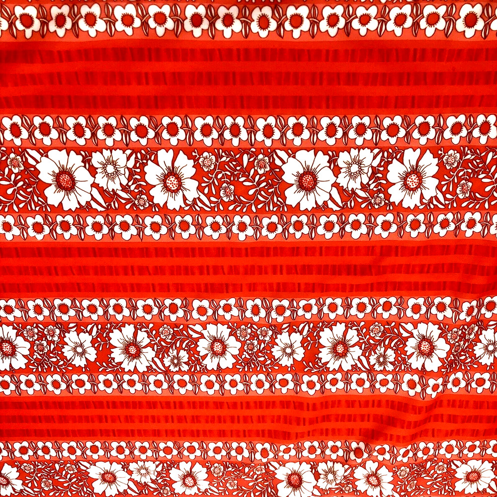 3 Yd X 64 In Vtg Mod Red Orange White Floral Stripe Polyester Stretch Fabric