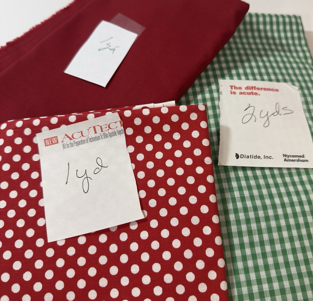 Assorted 3 Pieces of Fabric Red Polka Dots and Green Checked 3 1/2 Yards Total