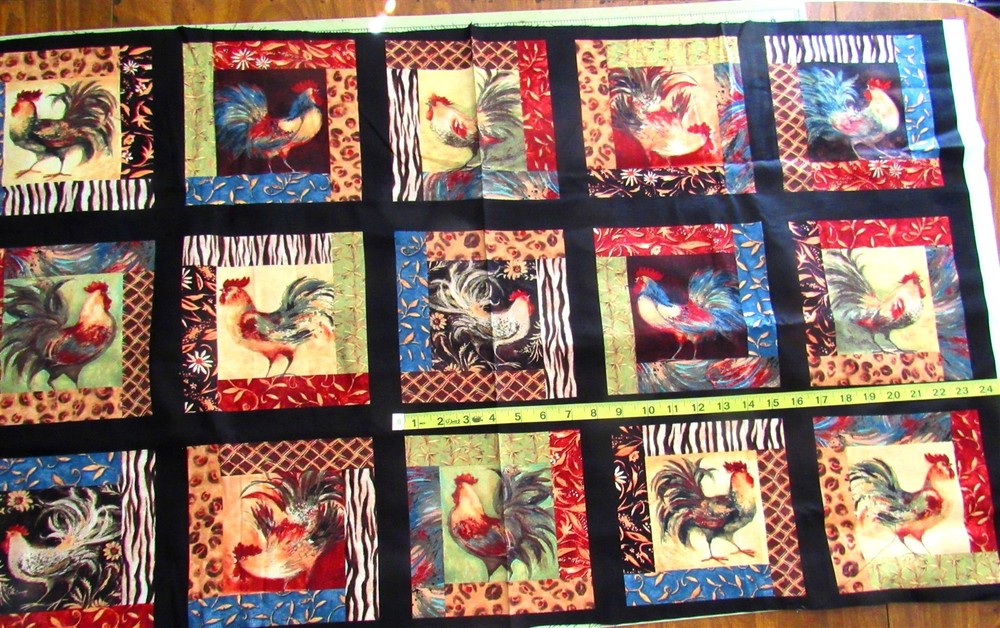 2/3 yd Cotton Fabric 8.5″ Squares with Various Chickens & Roosters