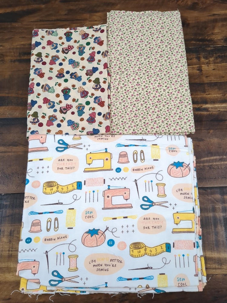 Lot of Fabric, sewing, floral, dolls with bonnets, floral motif, buttons, 12oz