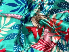 African Print, Satin Fabric- Turquoise, Blue, Red “Hopebloom”, Yard or Wholesale
