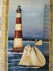 Lighthouse Fabric Panel 23×13 Blue Red & White Nautical Ocean Sea Tall Ships