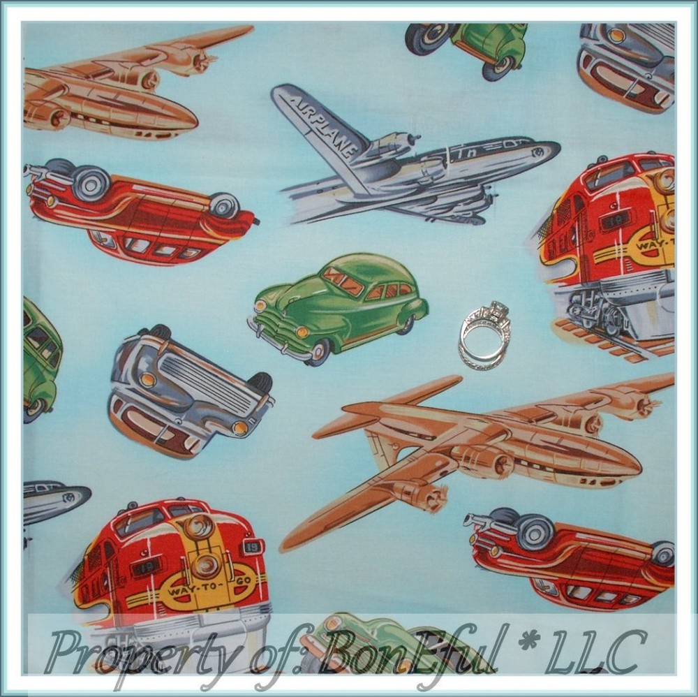 BonEful Fabric FQ Cotton Quilt Blue VTG Baby Boy Travel Train Airplane Old L Car