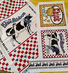 2 Vintage Fabric Panels Blue Ribbon Cows 4 Feed Sack Fronts Plus 2 Squares