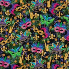 Mardi Gras Fabric Carnival Masquerade New Orleans Beads Feathers Cotton Material
