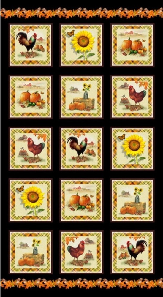 Henry Glass – Autumn Splendor Block Quilting Fabric Panel w/ Chickens, Sunflower